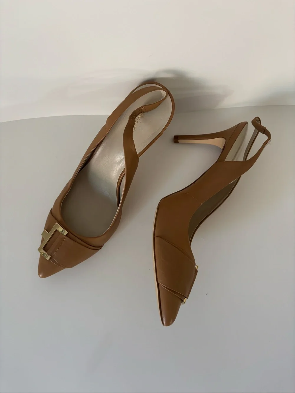 Calvin Klein Women's Tan Pointed-Toe Slingback Pumps with Gold Accent